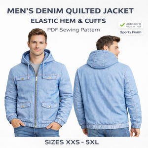 May include: Light blue denim quilted jacket with a hood, elastic hem, and cuffs. The jacket has a zip-up front and two chest pockets. The text on the image says "MEN'S DENIM QUILTED JACKET" and "SIZES XXS - 5XL".
