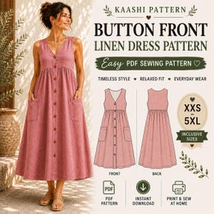 Puede incluir: Un patr&oacute;n de costura digital para un vestido de lino con botones frontales llamado Kaashi Pattern. La imagen muestra un vestido rosa sin mangas con cuello en V, botones delanteros y bolsillos laterales, junto a dibujos t&eacute;cnicos del dise&ntilde;o.