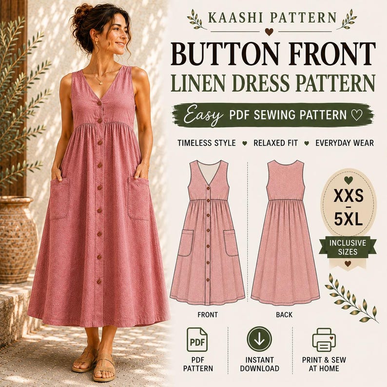 Puede incluir: Un patr&oacute;n de costura digital para un vestido de lino con botones frontales llamado Kaashi Pattern. La imagen muestra un vestido rosa sin mangas con cuello en V, botones delanteros y bolsillos laterales, junto a dibujos t&eacute;cnicos del dise&ntilde;o.