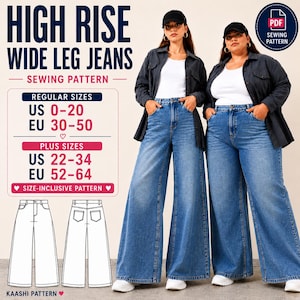 May include: A digital sewing pattern for high-rise wide-leg jeans. The image displays the text HIGH RISE WIDE LEG JEANS SEWING PATTERN, with size ranges for US 0-20, EU 30-50, US 22-34, and EU 52-64. Includes a line drawing of the front and back of the jeans.