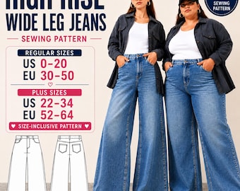 Patrón de costura para pantalones vaqueros de pierna ancha / Pantalones vaqueros de talle alto / Patrón PDF de tallas grandes