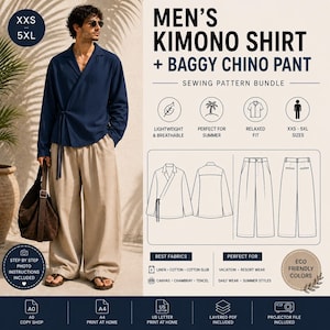 Op de afbeelding: Een naaipatroon voor een kimonoshirt en een wijde chinobroek. De afbeelding toont een donkerblauw overslagshirt met lange mouwen en een beige broek met wijde pijpen. Technische lijntekeningen tonen voor- en achteraanzichten van de kleding.