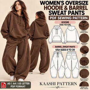 Puede incluir: Un patrón de costura en PDF para una sudadera con capucha oversize y pantalones de chándal tipo barril en color marrón. La imagen muestra las prendas terminadas, dibujos técnicos y detalles de la capucha, bolsillo y bolsillos traseros.