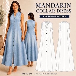 Peut inclure: Une robe sans manches en jean bleu clair avec un col mandarin et une patte de boutonnage sur toute la longueur. L'image comprend un dessin technique de la robe de face et de dos, avec le texte MANDARIN COLLAR DRESS PDF SEWING PATTERN.
