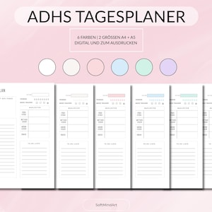 Peut inclure: Planificateur quotidien imprimable avec six options de couleurs et deux tailles : A4 et A5. Le planificateur comprend un suivi de l’humeur, une liste de tâches à faire et un espace pour les notes. Le texte sur le planificateur indique « ADHS Tagesplaner » et « 6 Farben | 2 Grössen A4 + A5 Digital und zum Ausdrucken ».