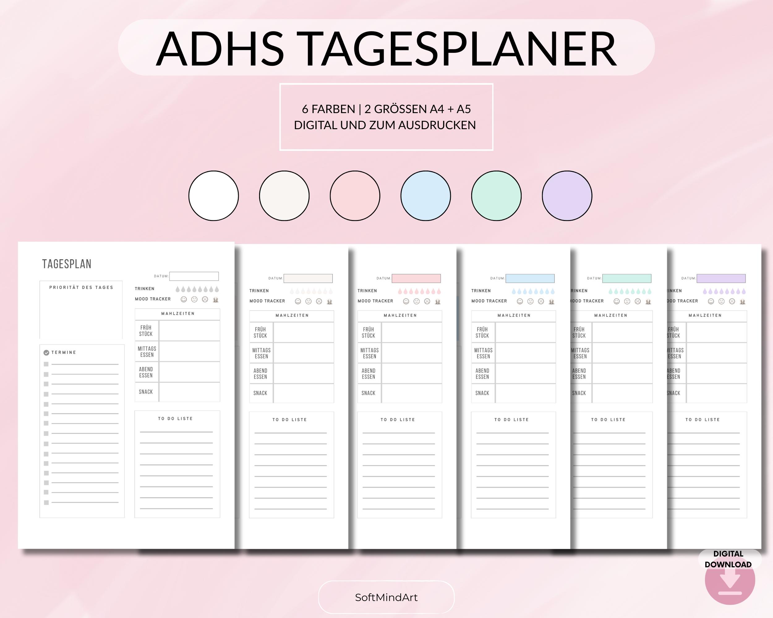ADHS Tagesplaner PDF zum Ausdrucken & Digital Ausfüllen – A4, A5 mit ...