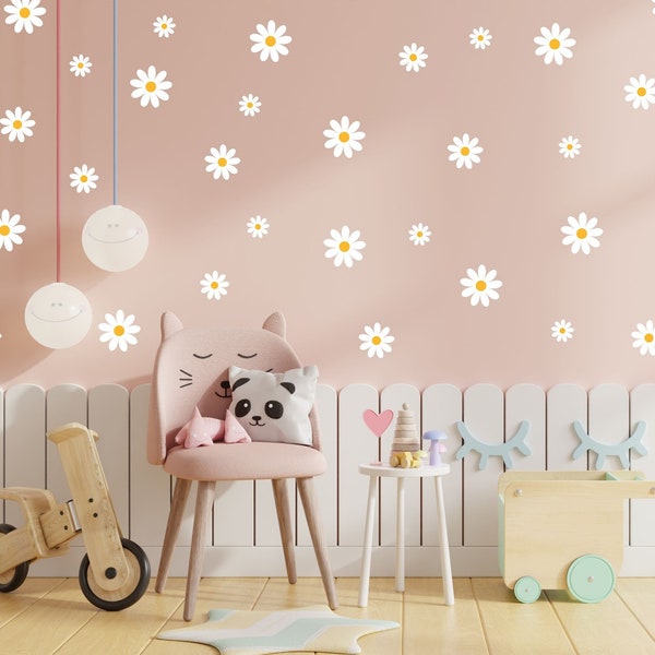 Daisy Flower Wall Decal Set, Vinyl Wall Sticker, Nature Accent, Removable Wall Art, Daisies Decals, Nursery Decor Stickers Floral Decoration