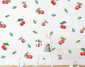 Watercolor Cherry Fruit Wall Decal Set, PVC Free Decals Stickers, Nursery Decor, Cherries Reusable and Removable Wall Sticker, Urbanwalls