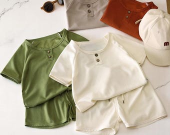 Kids Waffle Knit Summer Set | 2-Piece Boys Pullover Top and Shorts Outfit | Korean Style Toddler Clothing