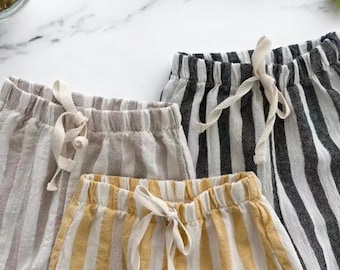 Vintage Striped Linen Cotton Pants | Toddler Boys & Girls Daily Trousers | Soft Elastic Waist Baby Pants with Pockets