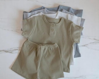 Cotton Baby Summer Outfit | Korean Kids Two-Piece Set | Short Sleeve T-Shirt and Shorts for Boys & Girls | Lightweight Toddler Clothes