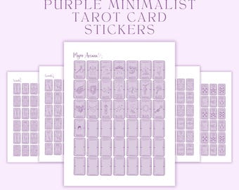 May include: Printable purple minimalist tarot card stickers. The stickers feature a purple outline and include all 78 cards, including the Major Arcana, Wands, Swords, Cups, and Pentacles.