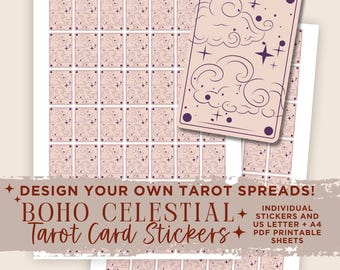 May include: Printable tarot card stickers with a boho celestial design. The stickers feature a pink background with purple outlines of clouds and stars. The text "DESIGN YOUR OWN TAROT SPREADS! BOHO CELESTIAL Tarot Card Stickers" is visible on the image.