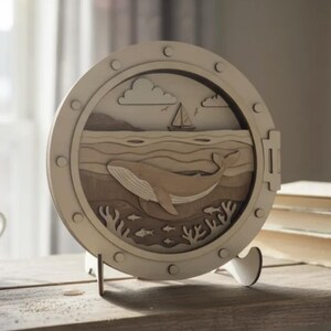 Layered Ocean Scene SVG | Nautical Whale & Boat in Porthole | 3D Underwater Sea Laser Cut File | SVG for Glowforge, XTOOL, Crafting