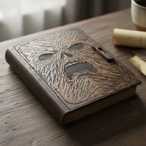 May include: A brown leather journal with a carved face design on the cover. The journal has a metal clasp and is on a wooden table. A cup of coffee, a rolled scroll, and a feather are also on the table.
