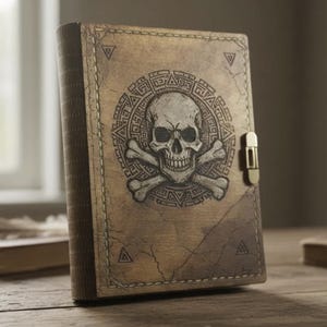 May include: A leather-bound journal with a skull and crossbones design. The cover is a distressed brown with a brass clasp. The skull is centered within a circular pattern. The journal is on a wooden surface.
