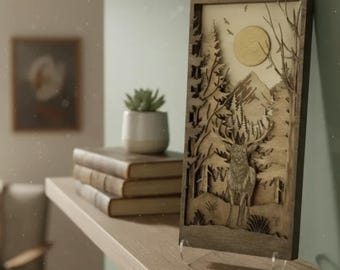 MultiLayer Stag Forest Scene SVG | 10 Layer 3D Deer Mountain Wall Art | Laser Cut Files includes DXF PNG Pdf & Ai | Woodland Wildlife Decor