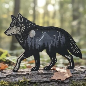 May include: A black wooden wolf figurine with a detailed design. The wolf's silhouette features a forest scene with a moon and stars. The figurine is placed on a log with fall leaves.