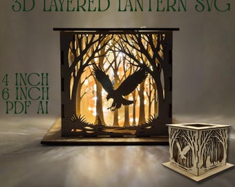 Latarnia 3D z warstwowymi świeczkami typu tealight SVG | Leśny cień, orzeł, łoś, łoś, szop, scena leśna, plik wycinany laserowo, 4 cale i 6 cali, 3 mm, DXF, PDF, Ai