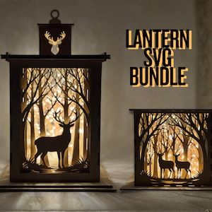 May include: Two wooden lanterns with deer and forest silhouettes. The larger lantern has a deer silhouette and a deer head cutout on top. The smaller lantern has two deer silhouettes. The text "LANTERN SVG BUNDLE" is in the upper right corner.