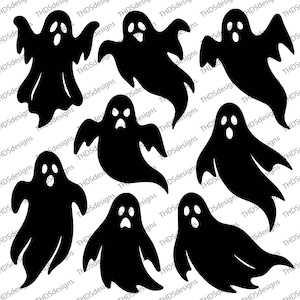 May include: A collection of nine black ghost silhouettes with white eyes and mouths. The ghosts have various shapes and poses, some with outstretched arms and others with flowing forms. The design is suitable for Halloween-themed crafts.
