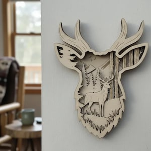 6-Schicht-Hirschkopf Waldszene SVG | Hirsch Laser Cut Datei | Geschichtete Berglandschaft DXF PNG Pdf | Laser-Gravur Holzkunst Vorlage