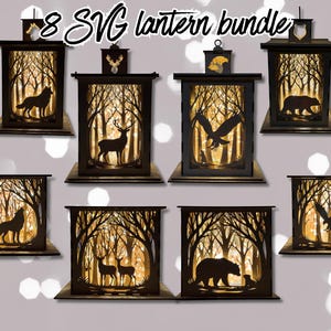May include: A collection of eight black lantern designs with forest scenes and animal silhouettes, including a wolf, deer, bear, and eagle. The lanterns have a warm, glowing interior and are displayed on a light background. Text reads "8 SVG lantern bundle."