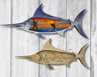 3D Marlin Fish SVG DXF PDF Png Ai | Scena wędkarska wielowarstwowy plik do cięcia | Miecznik rybak z zachodem słońca na oceanie, warstwowe pliki sztuki drewnianej