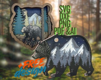 Layered Bär SVG Bundle Layered Laser Cut Bär Designs | Bär im Wald Bergwald mit Kostenlosen Bären-Aufhänger design | PDF DXF Ai Dateien