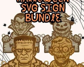 Zestaw znaków na drzwi Halloween SVG Pliki do grawerowania laserowego Dracula Frankenstein Zombie Strach na wróble Dynia Wesołego Halloween SVG DXF Pdf Ai