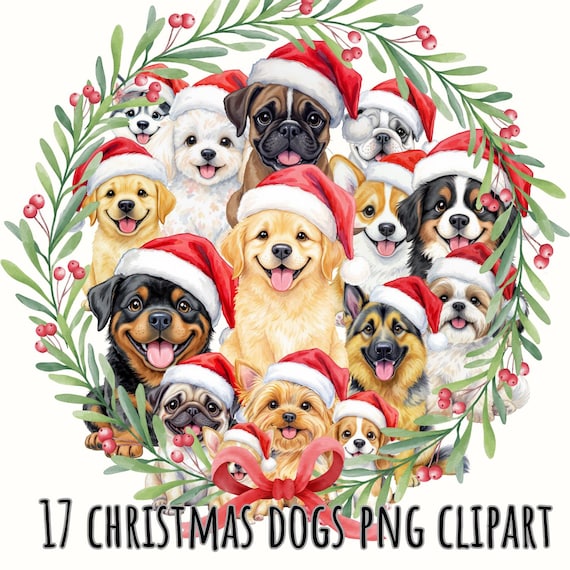 17 Christmas Dogs Puppies Clipart Bundle | Cute Watercolor Dog Breeds PNG JPEG 300ppi | High Resolution Holiday Stickers, Cards, Printables