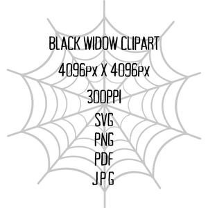 K&ouml;nnte beinhalten: Digitalgrafik mit einem hellgrauen Spinnennetz-Design und dem Schriftzug "BLACK WIDOW CLIPART" in fetten schwarzen Buchstaben. Darunter befinden sich Details zur Aufl&ouml;sung und den Dateiformaten des Bildes.