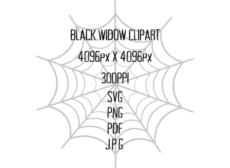 K&ouml;nnte beinhalten: Digitalgrafik mit einem hellgrauen Spinnennetz-Design und dem Schriftzug "BLACK WIDOW CLIPART" in fetten schwarzen Buchstaben. Darunter befinden sich Details zur Aufl&ouml;sung und den Dateiformaten des Bildes.