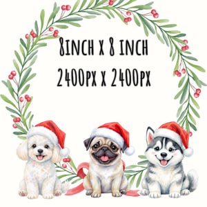 May include: A Christmas-themed illustration with three dogs in Santa hats, framed by a wreath of green foliage and red berries. The image includes the text "8 inch x 8 inch" and "2400px x 2400px". The dimensions are approximately 20 cm x 20 cm.