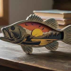 Largemouth Bass Fish 9 gelaagde SVG | Vistafereel meerlaags lasergesneden bestand | Lake zonsondergang visser houtkunst DXF PNG AI alleen digitale bestanden afbeelding 2