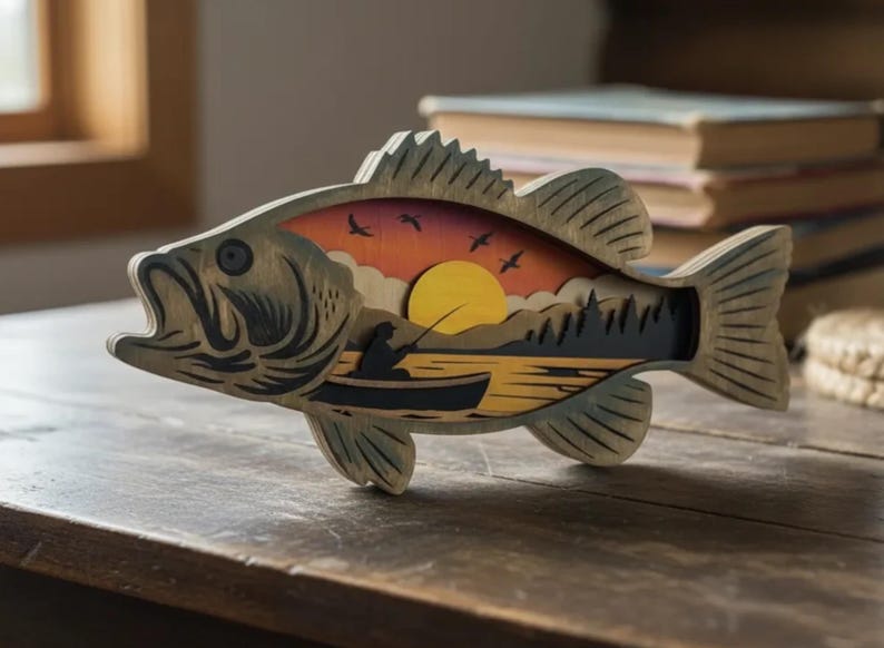 Largemouth Bass Fish 9 gelaagde SVG | Vistafereel meerlaags lasergesneden bestand | Lake zonsondergang visser houtkunst DXF PNG AI alleen digitale bestanden afbeelding 2