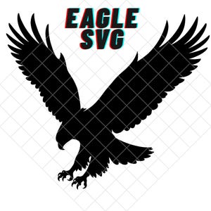 May include: A black silhouette of an eagle with outstretched wings, set against a white background with a grid pattern. The text "EAGLE SVG" is displayed in a 3D effect with red and blue accents.