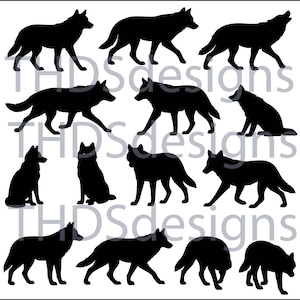 May include: A collection of black wolf silhouettes in various poses, including walking, sitting, and standing. The images are set against a white background, creating a stark contrast. The designs are suitable for crafts and digital art projects.