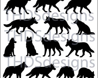 Wolf Silhouette Clipart Bundle 14 various Wolf animals dog outlines in SVG, PNG, JPEG Pdf for Crafts, Cricut, Laser & Printables download