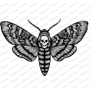 May include: Black and white illustration of a Death's-head hawkmoth. The moth's wings are detailed with intricate patterns. The moth's head is a skull. The image is a digital design.