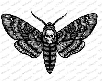 Death's-Head Hawkmoth Clipart Black and White Engraved Moth Illustration Bold Line Art for Crafts Wall Art Journals Tattoos SVG PNG PDF Jpg