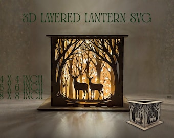 3D warstwowy podgrzewacz/latarnia SVG | Leśny cień, jeleń, scena leśna, plik wycinany laserowo, 2 mm, 3 mm, DXF, PDF, Ai | 4 cale, 6 cali i 8 cali