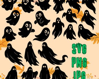 Halloween Ghost Clipart Silhouette SVG bundle 23 Spooky Fun & Scary Ghost outline images for laser cutting engraving cricut projects PNG JPG