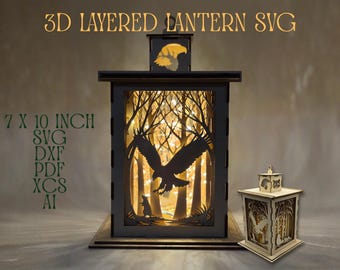 Large Shoji Style Lantern SVG | Forest Wildlife Laser Cut File | Eagle Moose Elk Raccoon | 3D Layered Shadow Box Light | DXF PDF Ai Download