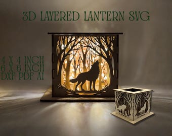 3D warstwowy podgrzewacz lub latarnia SVG Forest Shadow Box Wyjący wilk i szczenię Leśna scena Plik wycinany laserowo 3 mm DXF PDF Ai Wersje 4 i 6 cali