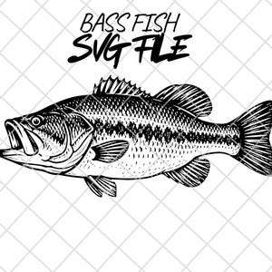 May include: Black and white illustration of a bass fish with the text "BASS FISH SVG FILE" above it. The fish is detailed with scales and fins, and is facing left with its mouth open.