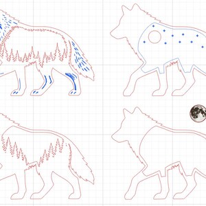 May include: Four different wolf designs in a grid layout. Each wolf is depicted in a walking pose. The designs include a wolf with a forest, a wolf with a moon and stars, and two other wolf outlines.