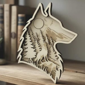 Scena di foresta con testa di lupo a 7 strati SVG / File di taglio laser di animali selvatici di montagna / Silhouette di lupo a strati DXF PNG Pdf Ai / Modello di incisione laser