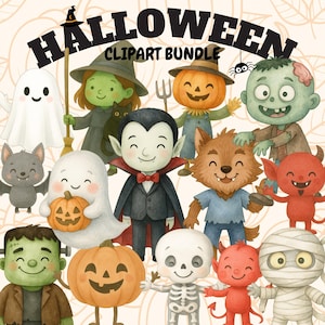 May include: A Halloween clipart bundle featuring various cartoon characters. Includes a witch, vampire, pumpkin-headed scarecrow, werewolf, zombie, ghost, bat, skeleton, and devil. The word "Halloween" is written in large, black letters above the characters.