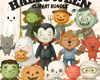14 cute halloween clipart characters, child friendly high quality images in SVG PNG PDF and Jpg suitable for crafting printing stickers